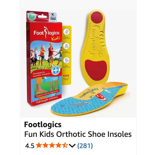 Box and pair of Footlogics KIDS Full-length orthotic insoles, size K, shown with packaging and product details. Rated 4.5 stars from 281 reviews.