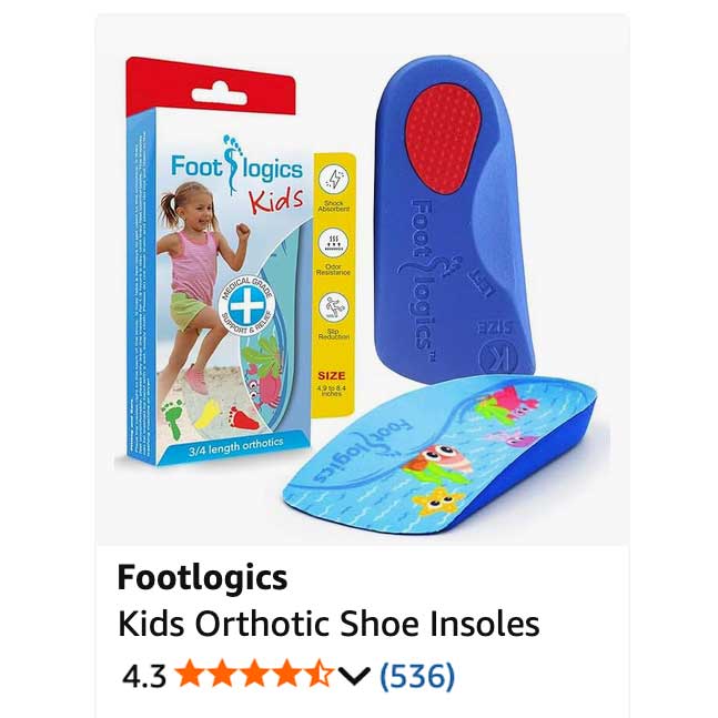 Footlogics KIDS 3/4-length blue orthotic shoe insole with cartoon design, shown beside packaging labeled "Footlogics Kids." Rated 4.3 stars from 536 reviews.