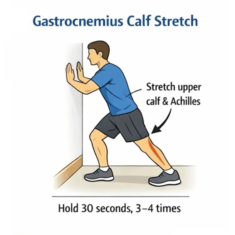 Illustration of a man doing a gastrocnemius calf stretch against a wall, with instructions to hold for 30 seconds and repeat 3–4 times to stretch the upper calf and Achilles.