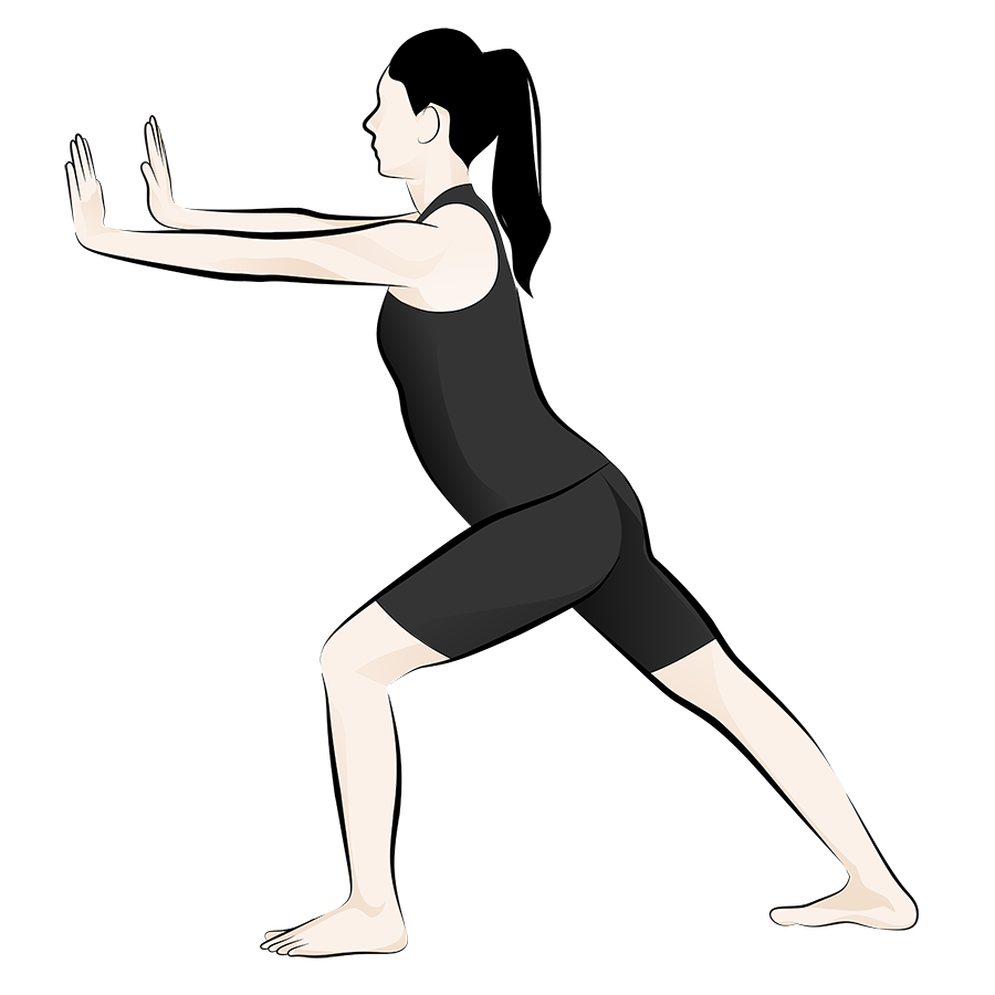 Illustration of a person in athletic clothing performing a standing lunge with arms extended forward, palms facing outward, and one leg bent while the other leg is straight behind.