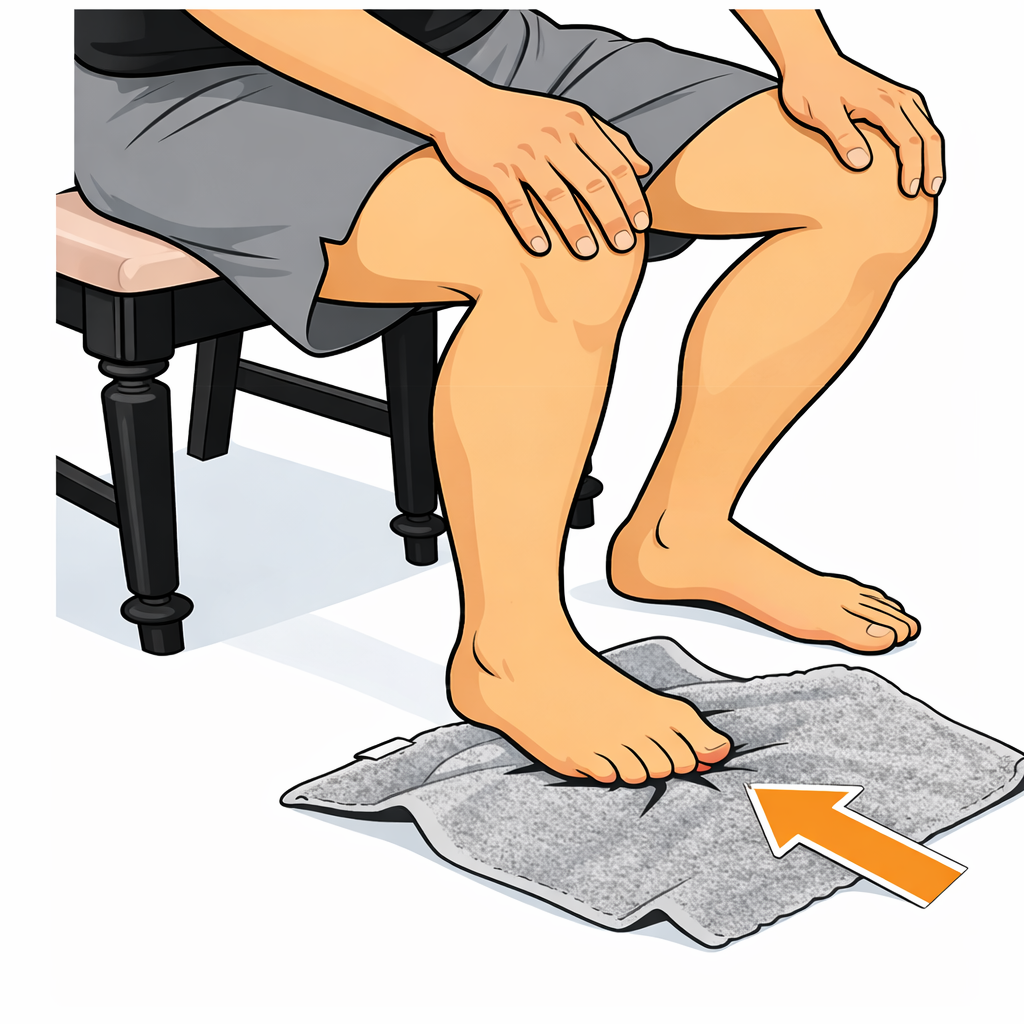 A person seated on a chair uses their toes to grip and move a towel on the floor; an arrow points to the towel indicating the motion.