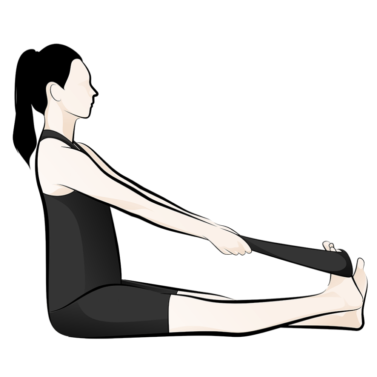 Illustration of a person sitting on the floor with legs extended, using a strap around the feet to stretch forward while keeping their back straight.