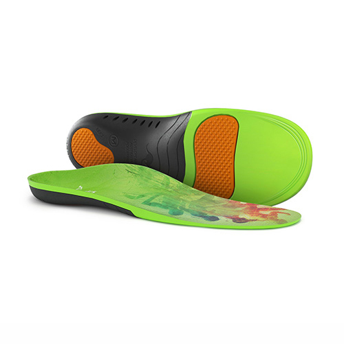 A pair of green orthotic insoles, one lying flat and one propped up to show the black and orange treaded underside.