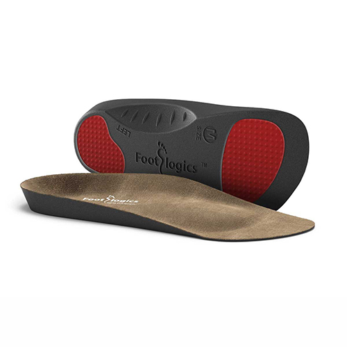 A pair of orthotic shoe insoles with a black base, red heel and arch pads, and the Footlogics logo printed on the side.
