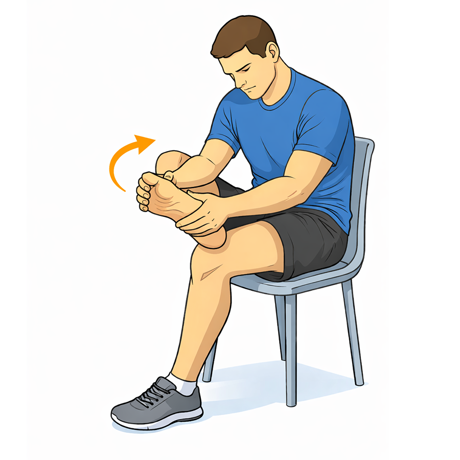 Man sitting on a chair, holding one foot in his hand and rotating it inward, demonstrating a foot exercise.