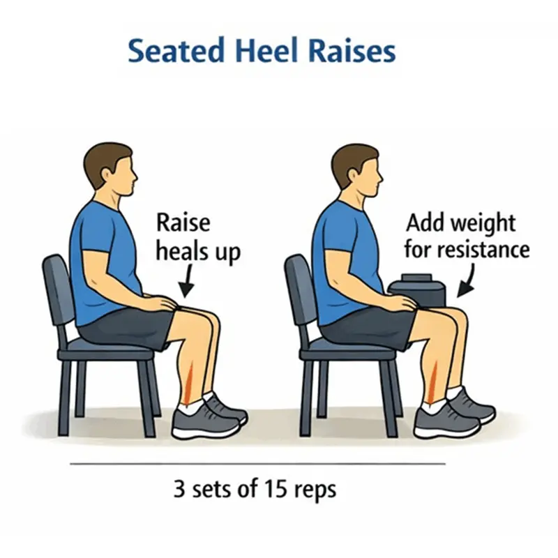 Illustration of a man doing seated heel raises, lifting heels off the floor while sitting, with option to add weight for resistance. Instructions: 3 sets of 15 reps.