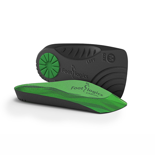 A pair of green and black Footlogics Casual shoe insoles, with one showing the top design and the other displaying the textured underside and size marking.