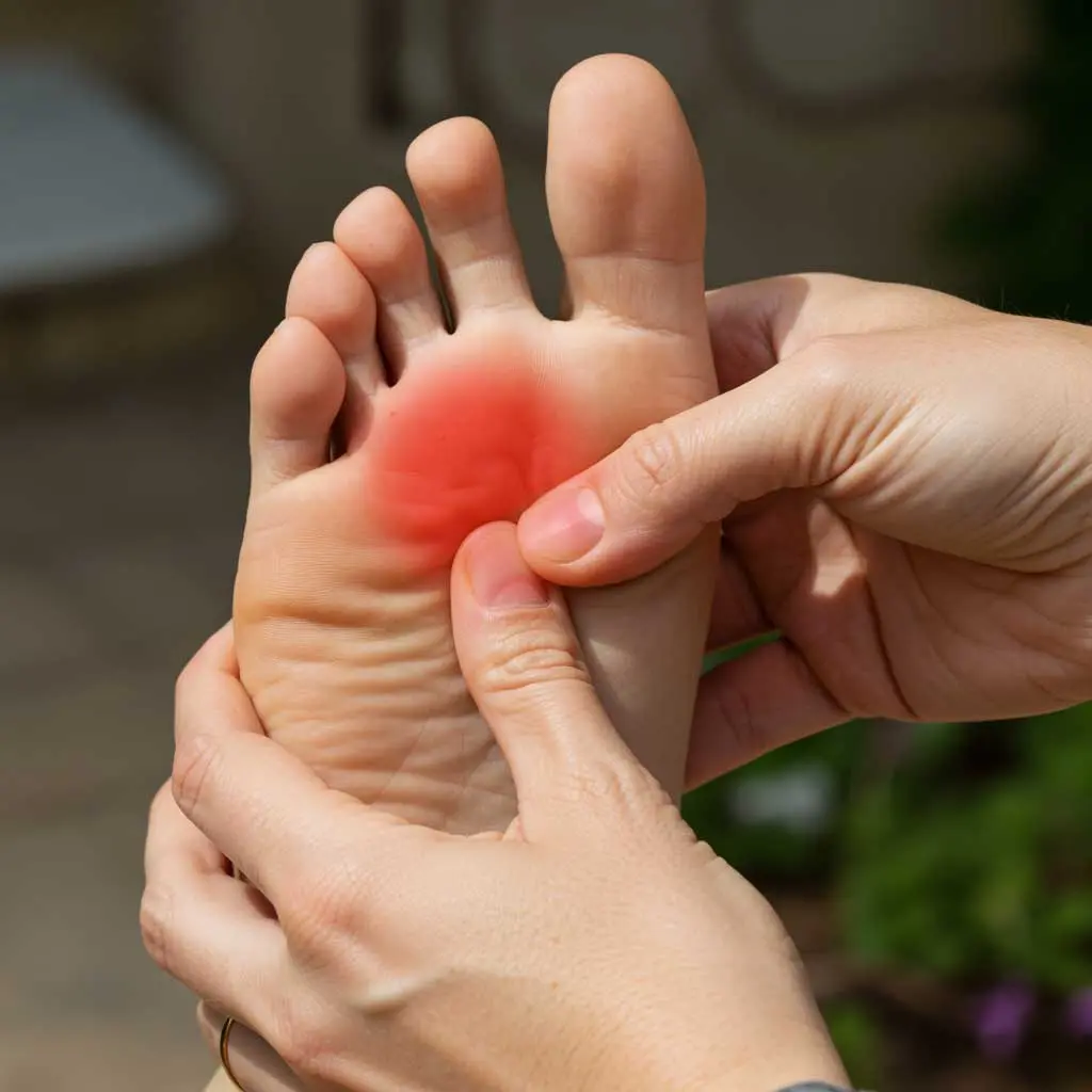 A person presses the sole of a foot, which has a red, irritated area near the ball, indicating pain or discomfort.
