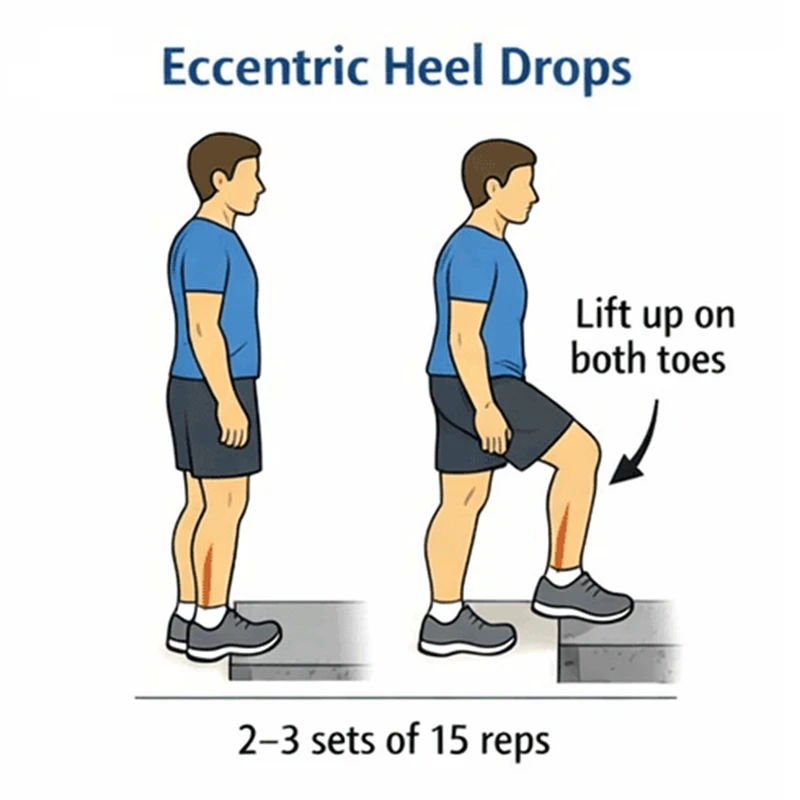 Illustration of a man performing eccentric heel drops on a step, with instructions to lift up on both toes and complete 2-3 sets of 15 reps.