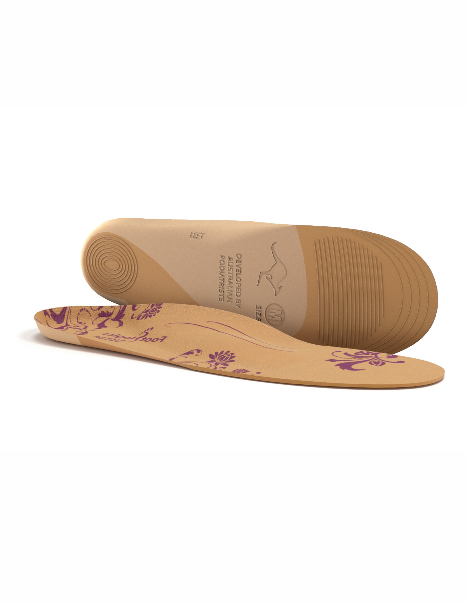 Two tan shoe insoles, one lying flat and the other upright to show the textured sole and floral pattern on the top.