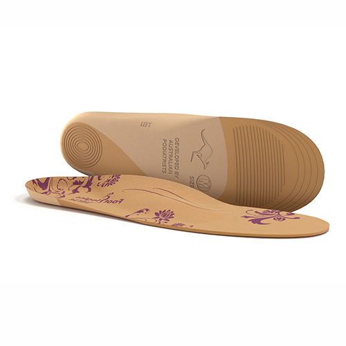 A pair of tan orthopedic insoles with purple floral designs, featuring textured soles and the label "LEFT" on one insole.