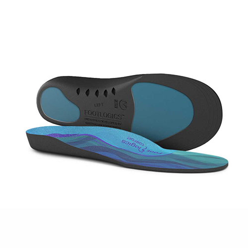 A pair of Footlogics orthotic insoles, showing the top blue surface and the black underside with blue cushioned areas.