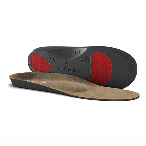 A pair of shoe insoles with a black base, brown top surface, red cushioned areas, and “Footlogics” branding, designed for foot support and comfort.