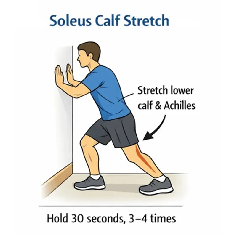 Illustration of a person performing a soleus calf stretch against a wall with one leg bent, stretching the lower calf and Achilles. Instructions note to hold for 30 seconds, 3–4 times.