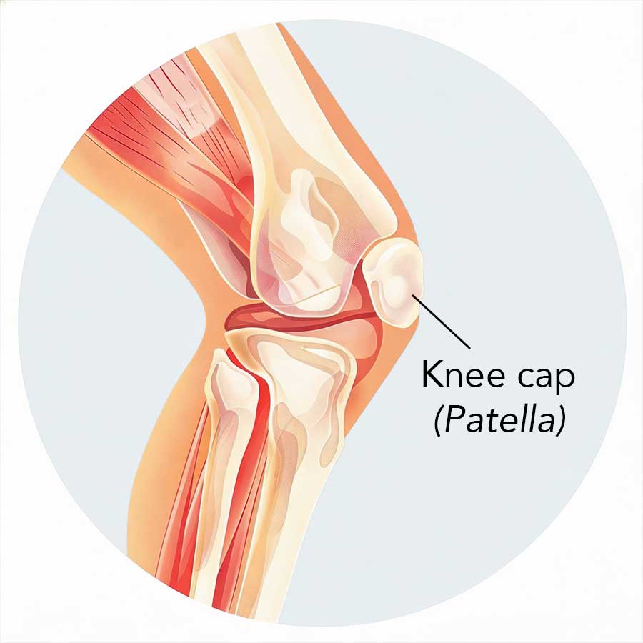 Medical illustration of a knee joint highlighting the kneecap (patella) with labeled text and anatomical structures visible.