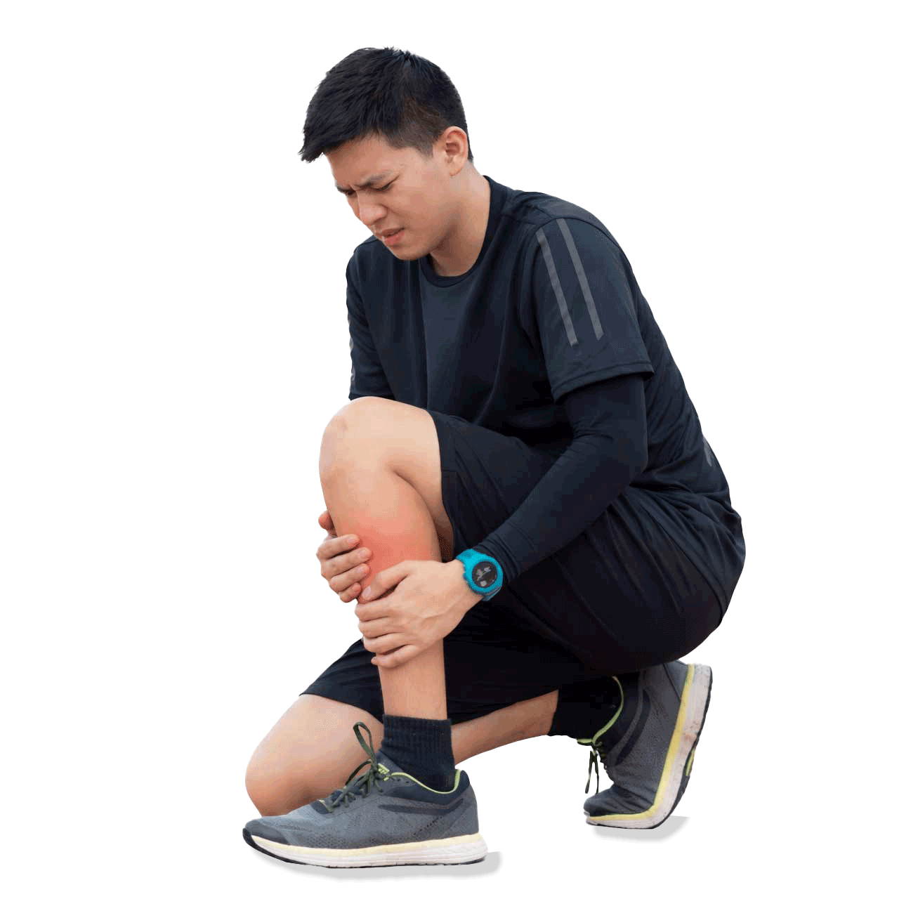 A man in athletic wear kneels on one knee, clutching his lower leg with a pained expression, suggesting a possible leg or knee injury.