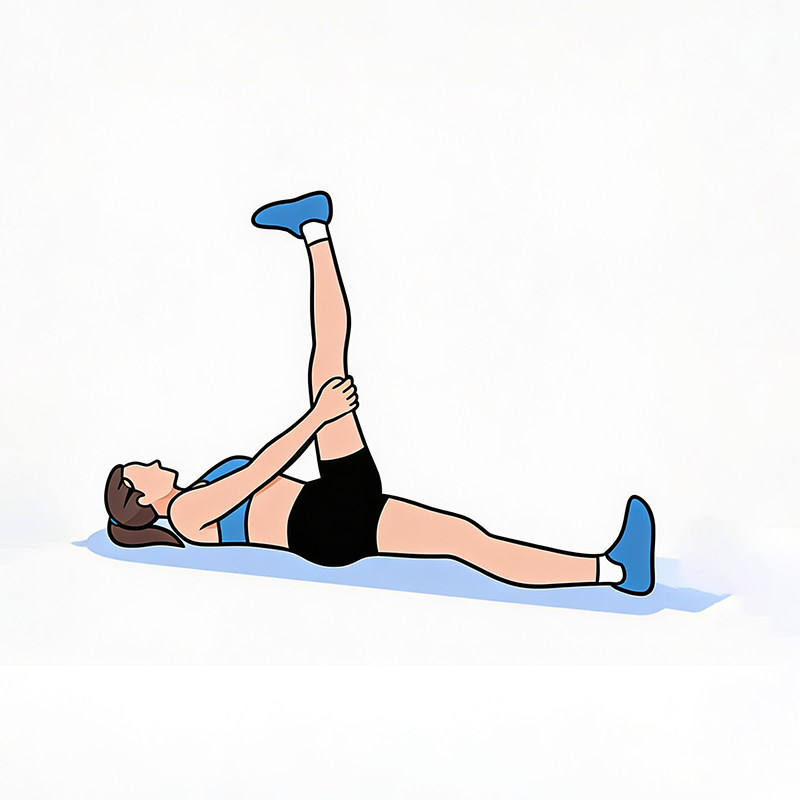Person lying on their back, holding one leg extended upward with both hands, performing a hamstring stretch.