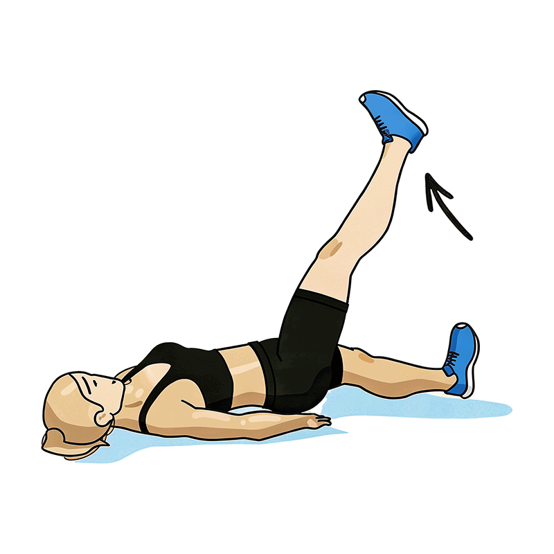 Person lying on their back, lifting one straight leg upward while the other leg remains on the ground, demonstrating a leg raise exercise.