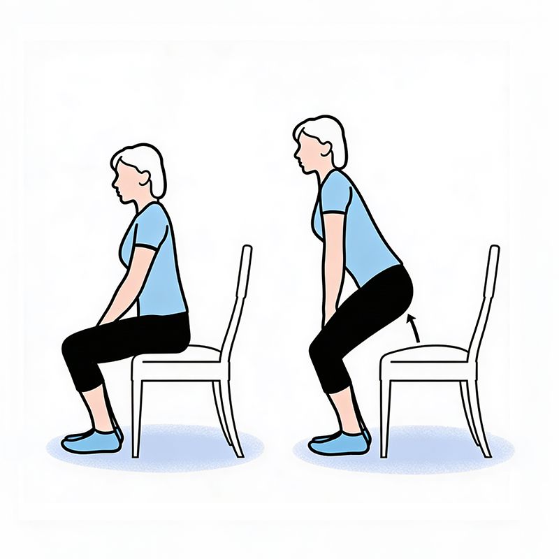 Illustration of a woman performing a sit-to-stand exercise from a chair, demonstrating the transition from sitting to standing.