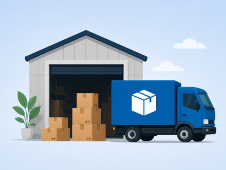 Illustration of a warehouse with stacked cardboard boxes outside and a blue delivery truck parked at the entrance. A potted plant is beside the building.