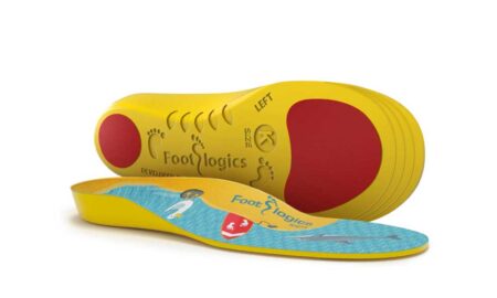 Yellow and red Footlogics kids' insoles. One insole is stacked, the other shows cartoon graphics.