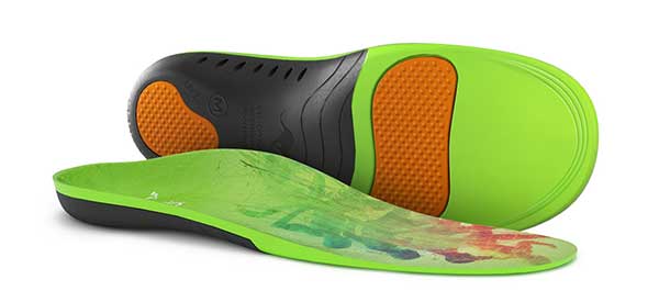 Two green SPORTS insoles, one showing an orange and black cushioned underside, the other displaying a colorful painted design on top.