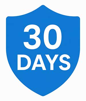 A blue shield-shaped icon with the text "30 DAYS" in white capital letters in the center.