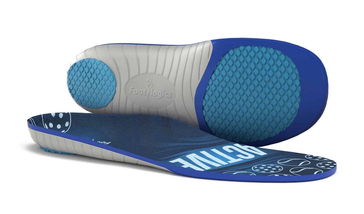 A pair of blue and gray Footlogics insoles with a textured sole and the word "ACTIVE" printed on the top surface.