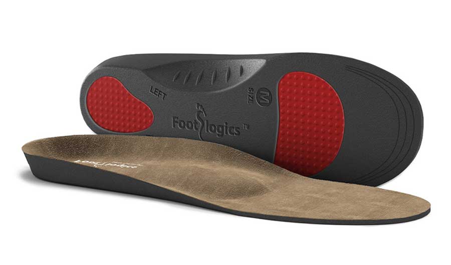 A pair of Footlogics orthotic insoles, showing one top view and one bottom view with red cushioned pads on the sole.