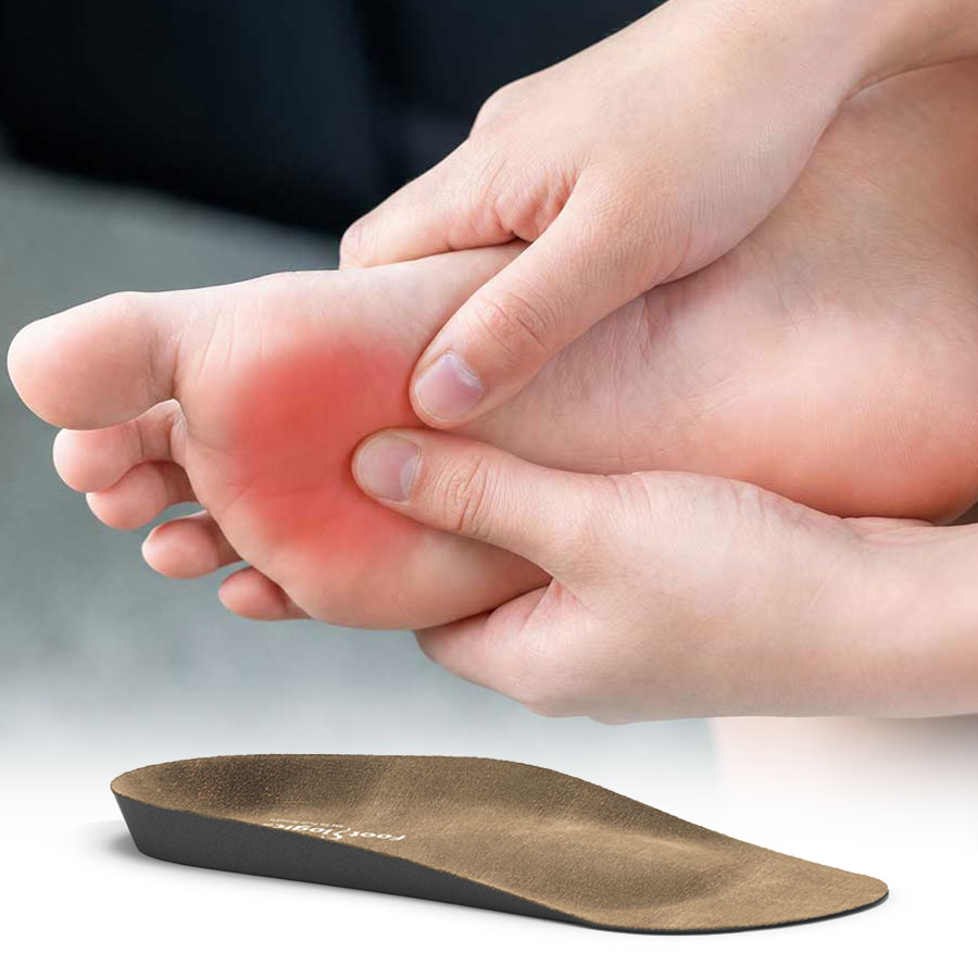 A person holds their foot, showing redness on the sole, with an orthopedic insole displayed in the foreground.