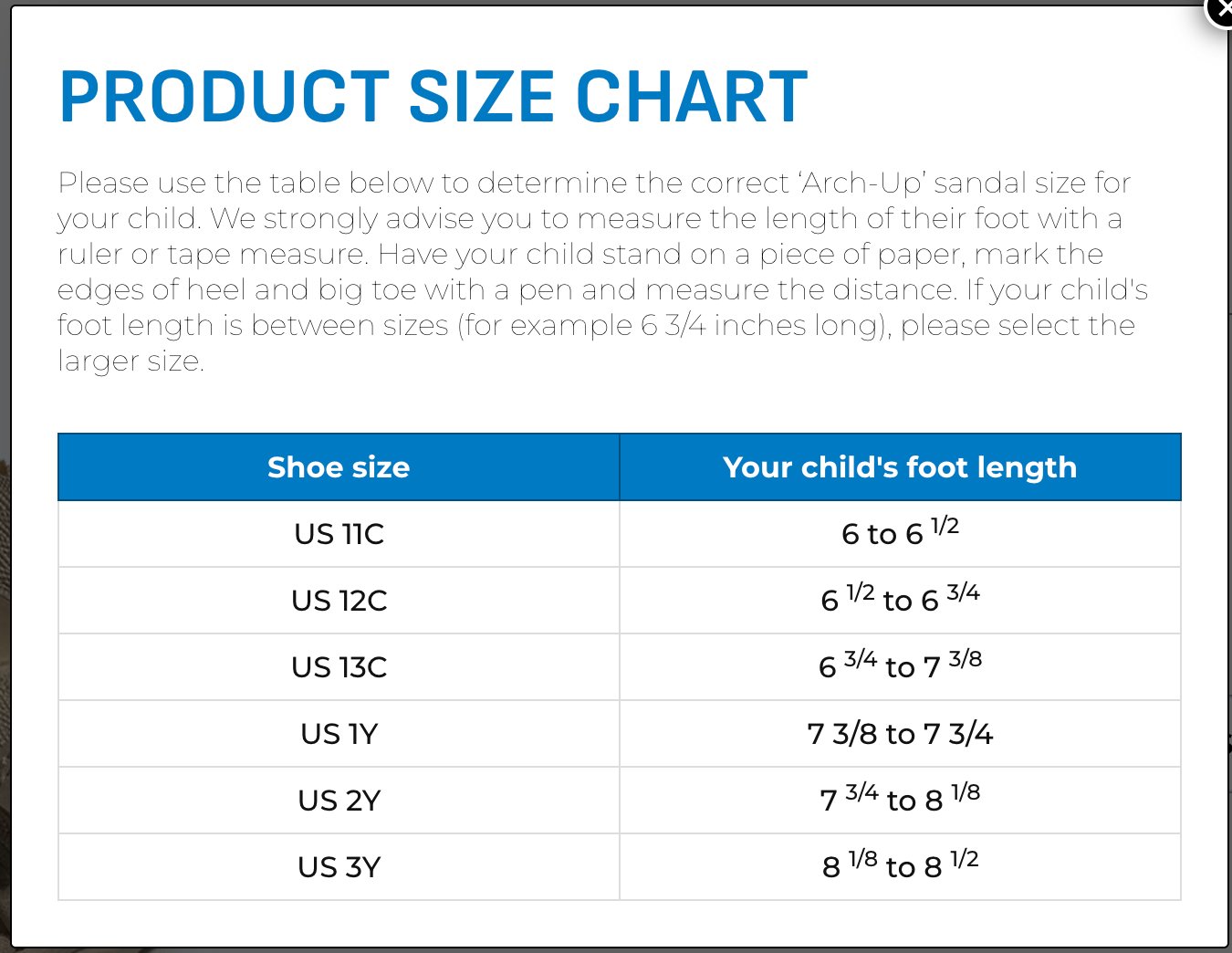 A size chart showing children's sandal sizes (US 11C to US 3Y) matched with foot lengths, ranging from 6 to 8 1/2 inches. Instructions for measuring are included above the chart.