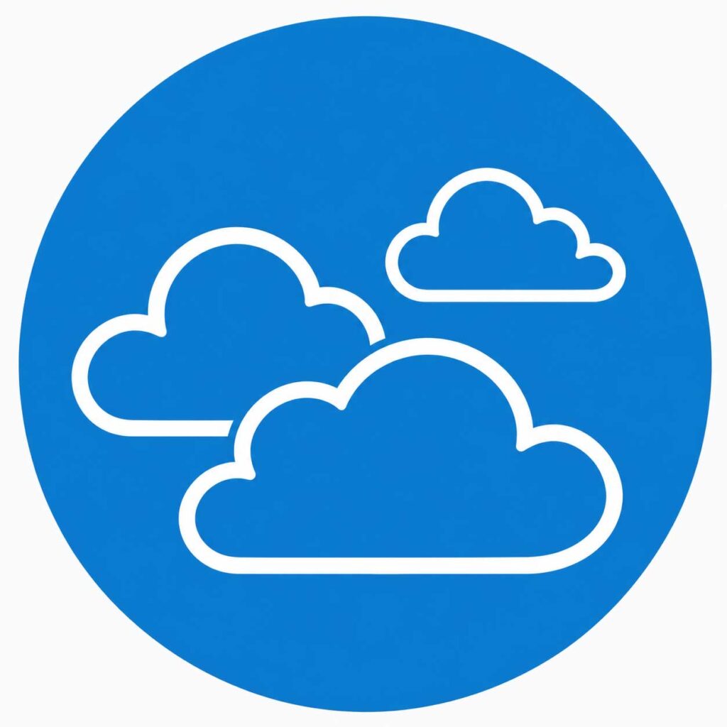 Blue circle with three white cloud outlines, two smaller in the background and one larger in the foreground.