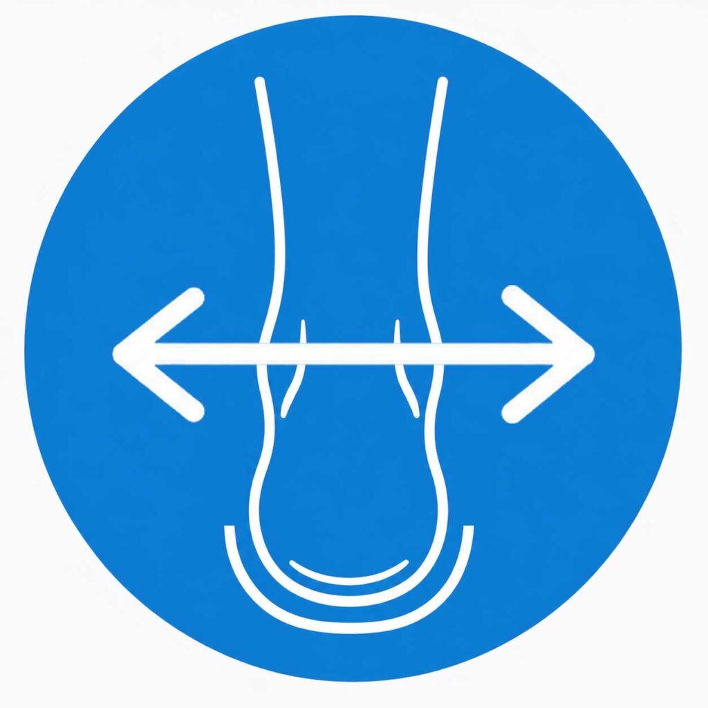 A blue circular sign with a white outline of a human nose and a double-headed horizontal arrow passing through it, indicating to breathe through the nose.