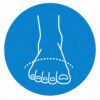 Simple line drawing of a foot with a dotted line curving over the toes, all enclosed in a blue circle.