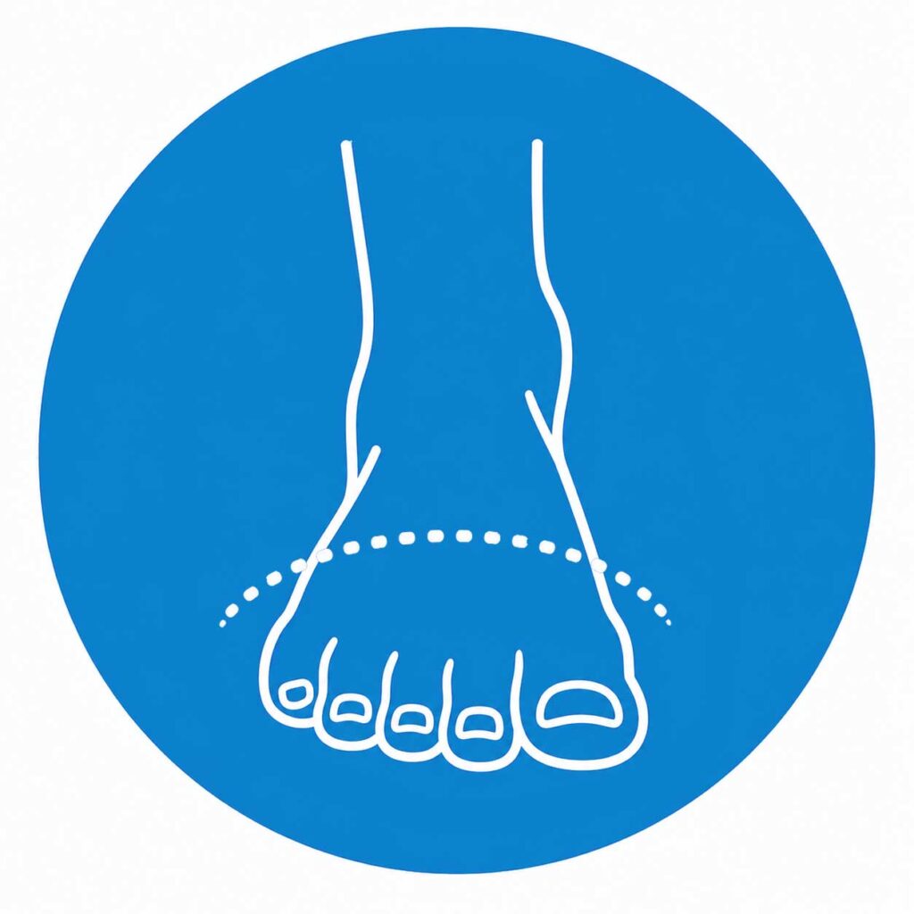 Simple line drawing of a foot with a dotted line curving over the toes, all enclosed in a blue circle.