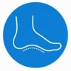 White outline of a foot with a dotted line under the arch, shown on a blue circular background, symbolizing foot arch or support.
