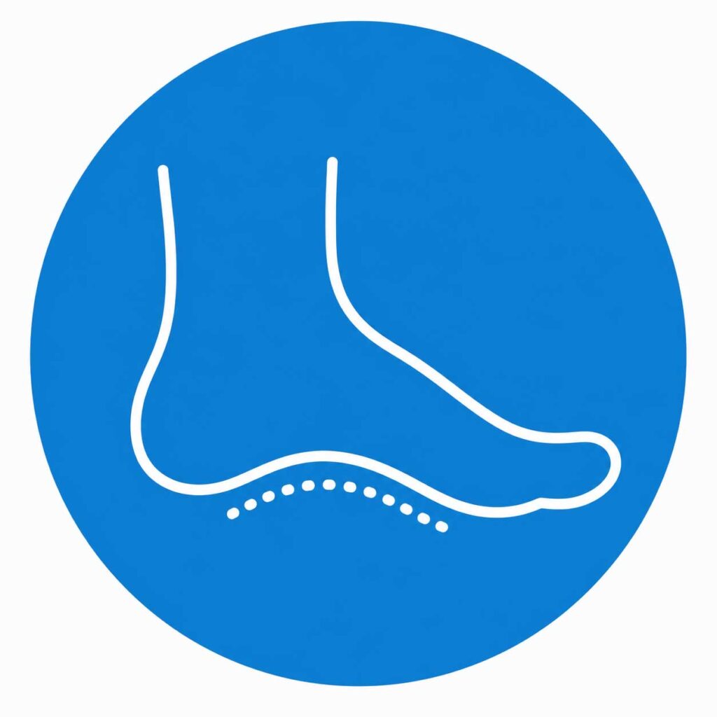 White outline of a foot with a dotted line under the arch, shown on a blue circular background, symbolizing foot arch or support.