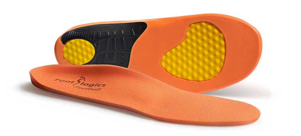 A pair of orange Footlogics Football insoles with textured yellow and black cushioning on the bottom. Orthotics for soccer