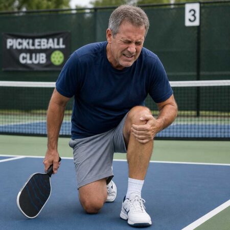 A man in sportswear kneels on a pickleball court, holding his knee and appearing to be in pain, with a paddle in his other hand.