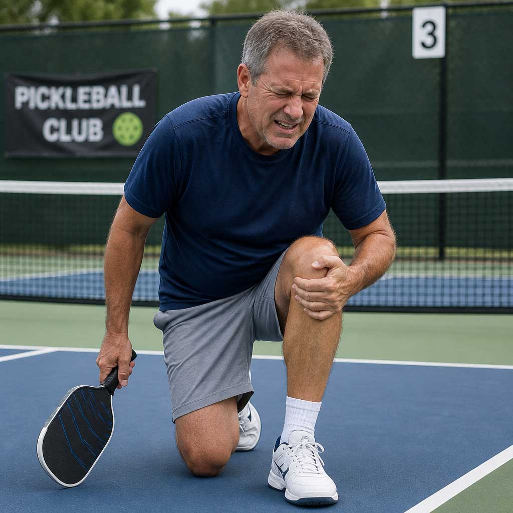 A man in sportswear kneels on a pickleball court, holding his knee and appearing to be in pain, with a paddle in his other hand.